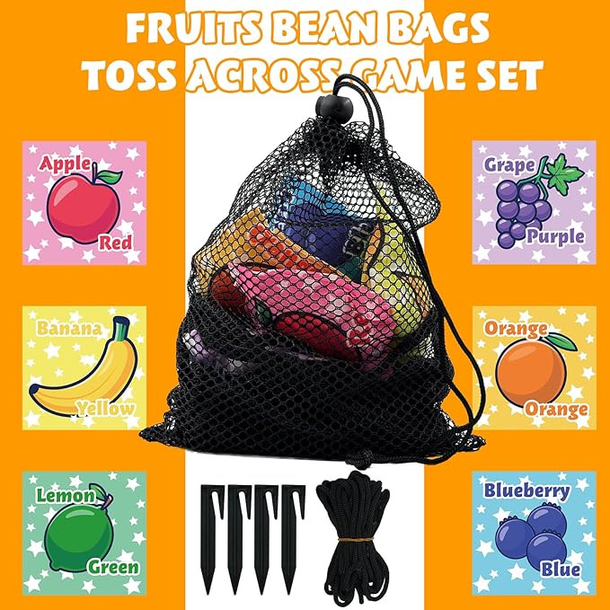 Fruits Bean Bag Toss Across Game Set, Outdoor Montessori Sensory Learning Toys for Toddlers 3 4 5 Year Old, 6 Colorful Small BeanBags for Tossing, 2.5ft Tic-Tac-Toe Rope