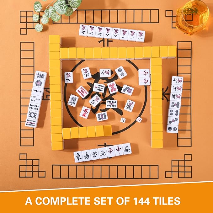 Japanese Riichi Mahjong Set, White and Yellow Tiles - with Red Box, East Wind Tile, Set of Scoring Sticks, Dices, and Mahjong mat.