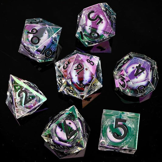 Electroplated Resin Dice Set, Resin Edge Sharp for Dungeons & Dragons RPG, MTG Board Games with Gift Box(Electroplating Purple White Longan)