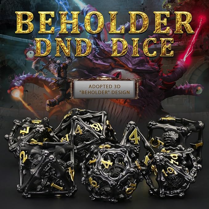 Beholder Dice Set DND, Dragon Eye Dice, ZHOORQI 7PC/Set Polyhedral Dices for Dungeons and Dragons, RPG, Eye Monster D&D Gifts（Eye-Black Gold）