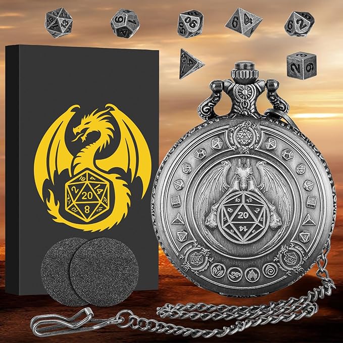 Mini DND Dice Set Dragon Pocket Watch Shell Case, 7pcs Polyhedral Metal D&D Dice Set, DND Gifts with Gift Box, D&D Gift, Role Playing Board Games Accessories, Dark Silver