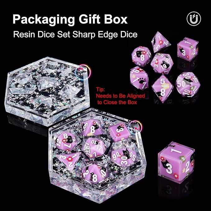 DND Dice Set Polyhedral, IDTQ Dungeons and Dragons Purple Dice Set RPG MTG Table Games 7-Die Resin Sharp with Acrylic Starlight Accent Box (Cat-Purple)