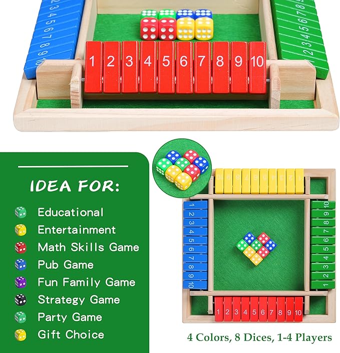 Shut The Box Dice Game - Travel Size 4 Player Classic Wooden Tabletop Entertainment Board Game for Kids & Adults - Fun Family Classroom Home Party or Pub Strategy Games