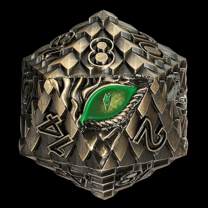 Dragon Eye Scale DND Metal Dice,33mm 20 Sided Giant D20, Large Polyhedral Dice, D&D Metal Dice Set for Dungeons and Dragons, RPG, MTG & Tabletop Games(Bronze with Green Eye)