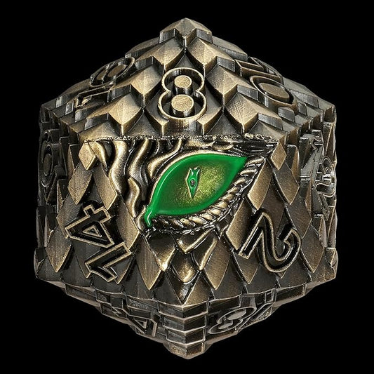 Dragon Eye Scale DND Metal Dice,33mm 20 Sided Giant D20, Large Polyhedral Dice, D&D Metal Dice Set for Dungeons and Dragons, RPG, MTG & Tabletop Games(Bronze with Green Eye)