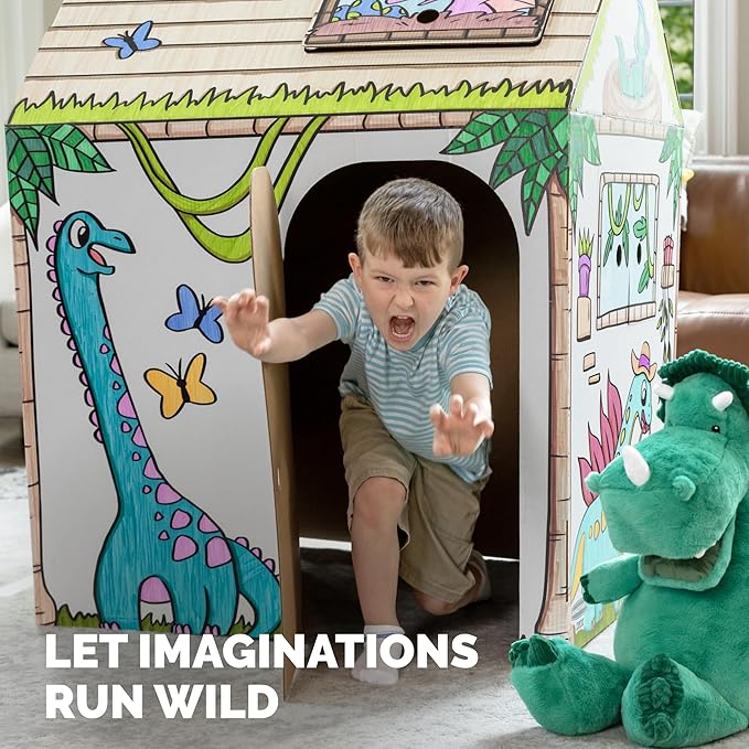 Bankers Box at Play Color in Dinosaur Playhouse, Cardboard Playhouse and Life Size Craft Activity for Kids and Families