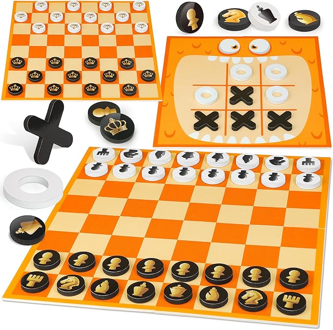 Coogam Chess and Checkers Board Game, 3-in-1 Tic Tac Toe Vintage Table Game with Mat, Lawn Party Favor Activity Indoor Outdoor Travel Toy for Family Play