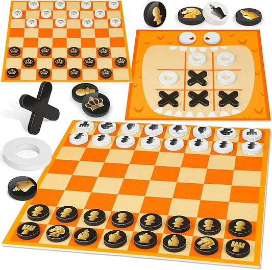 Coogam Chess and Checkers Board Game, 3-in-1 Tic Tac Toe Vintage Table Game with Mat, Lawn Party Favor Activity Indoor Outdoor Travel Toy for Family Play