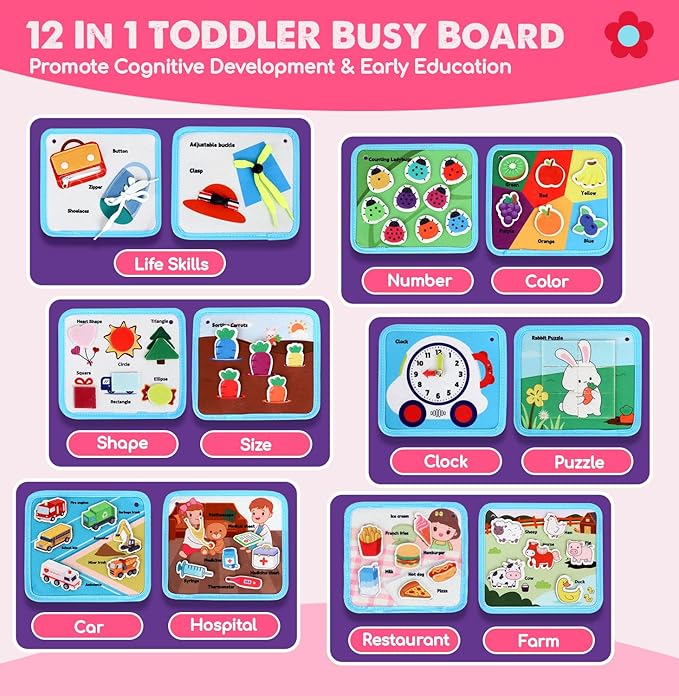 Lehoo Castle Montessori Busy Board for Toddlers 2-4, Busy Book for Toddlers 1-3, Activity Books for Airplane Car, 2 Year Old Girl Toys Gift, Sensory Travel Toys, Preschool Learning Busy Book (Pink)