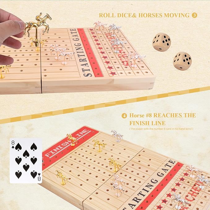 Horse Racing Board Game Set for Adults ， 21-Inch Foldable Solid Wood Adult Board Games with 11 Metal Horses, 2 Dice, and 2 Boxes of Cards for Adults Family Game Night Tabletop Game Party