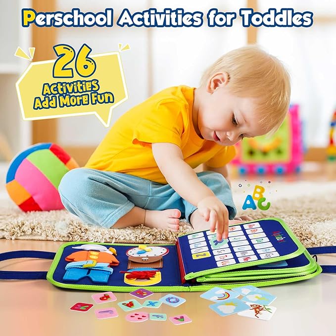 Toddler Busy Board - Montessori Toys for 2-3 Year Old Boy Birthday Gift, Educational Learning Sensory Busy Book for Two Year Old Boys, Kids Ages 2-4 Activities Toy for Airplane Car Travel