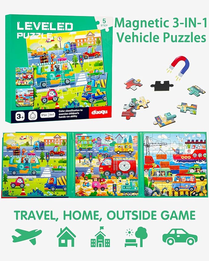 Magnetic Puzzles for Kids Ages 4-8, 3 in 1 Wooden Jigsaw Puzzles Book for Toddlers, Car Activities Toy for Girls 4-6, Learning Magnet Toys for Road Trip (Vehicle)