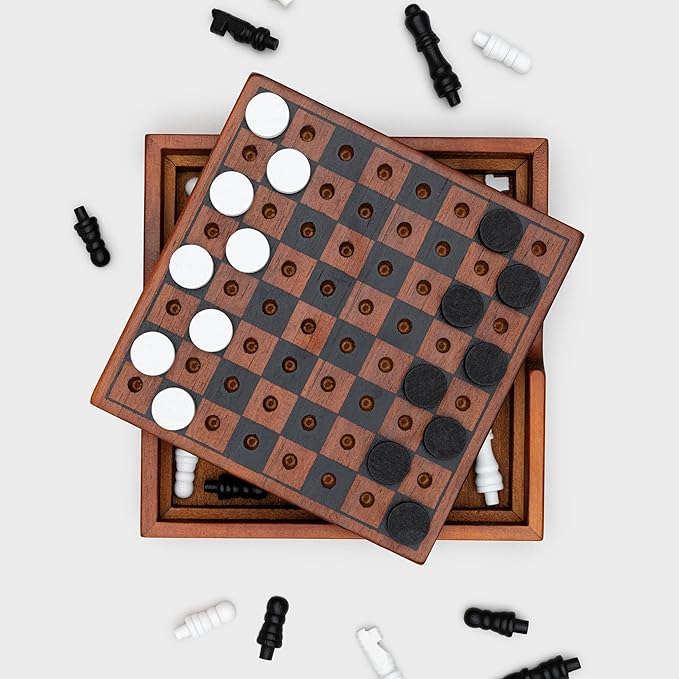 Iron & Glory Chess Board & Checkers Set | Wooden Puzzles & Games | Board Games for Family Night | Travel Games for Kids & Travel Gifts | Coffee Table Decor | Family Board Games for Games Night