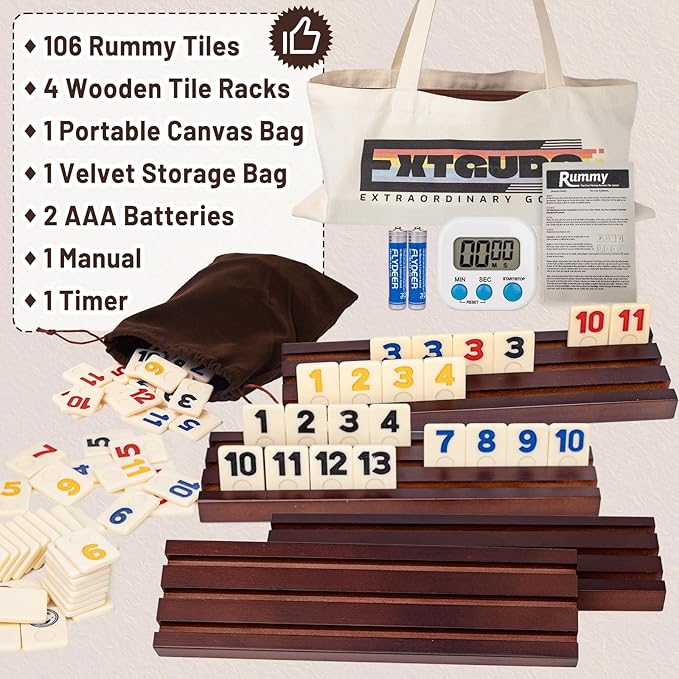 2-4 Player Rummy Cube Game Set, with 4 Wooden Racks/Trays, 106 Large Tiles Rummy Cube Game Set with Canvas Bag, Rummy Tiles Travel Set with 4 Tiles Holders for Classic and Funny Party Games,for Adults
