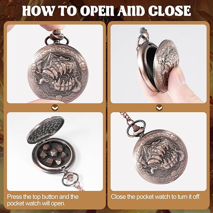 D&D Dice Set,7PCS Metal Dice for Dungeons and Dragons,Mini Dice Set with Pocket Watch Case,Role Playing Board Games Accessories (Monster, Copper)