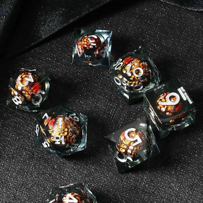 Cthulhu Beholder Polyhedral Resin Dice Set for Dungeons and Dragons Sharp Edge 7 PCS for D&D RPG Starter and Role-Playing Games, with Gift Box (Black-Orange)