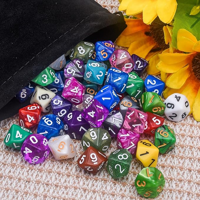 AUSTOR 70 Pieces 10 Sided Dice Mixed Color Polyhedral Dice Set 10 Sides Dices Assortment with a Black Velvet Storage Bag for DND RPG MTG Table Games
