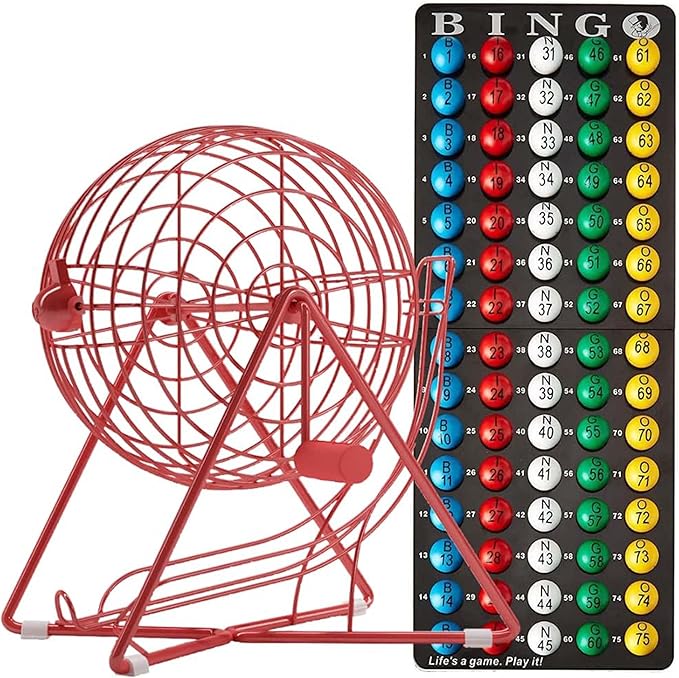 MR CHIPS 11" (Inch) Tall Professional Bingo Set with Steel Cage, Everlasting 7/8” Balls, Master Board for Balls - Lucky Red Color