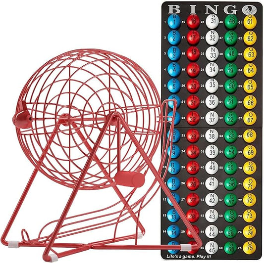 MR CHIPS 11" (Inch) Tall Professional Bingo Set with Steel Cage, Everlasting 7/8” Balls, Master Board for Balls - Lucky Red Color