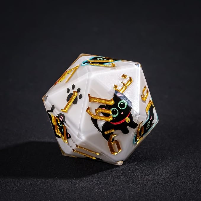 Cusdie 7-Piece Sharp Edges DND Dice Set - Cute Black Cat Stickers Inside - Perfect for Tabletop RPGs and Board Games