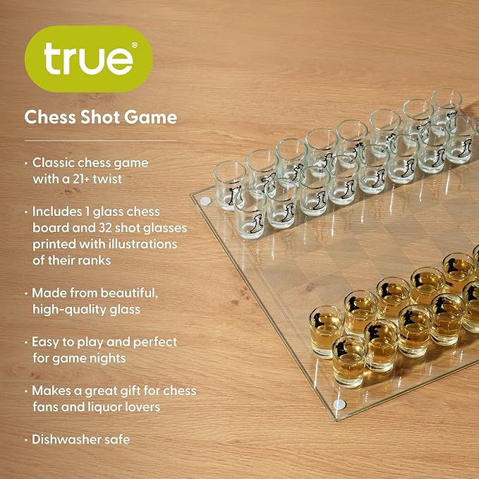 True Shot Glass Chess Game, Chess Board with Shot Glass Chess Pieces, Clear Glass and Frosted Glass, Chess Drinking Game