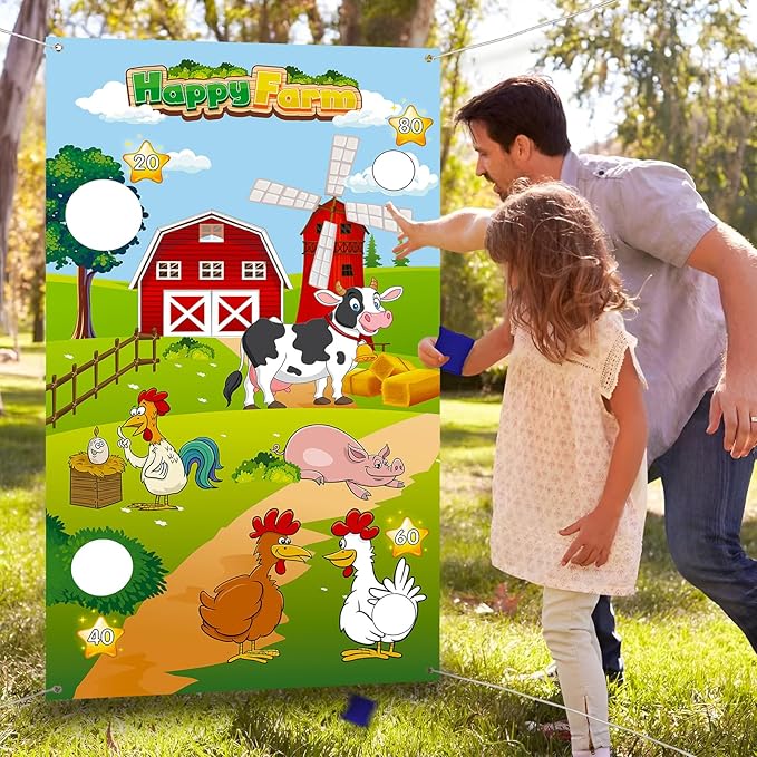 Farm Animals Game, Bean Bag Toss Game with 4 Bean Bags, Farm Animal Party Decorations, Farm Animal Bean Bags for Tossing,Farm Party Favors Kids Outside Activities Farm Games for Outdoor Games