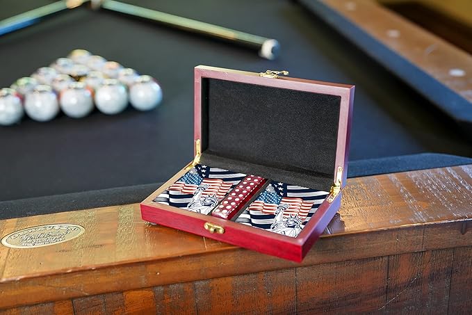 Military Gift Shop American Flag Playing Cards with Dice – Wooden Keepsake Box Adorned with Metal USA Medallion Dedicated to Freedom - Veteran Owned Business