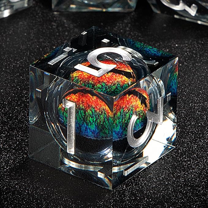 DND Resin Dice Set Dragon Eye Liquid Core 7 Pieces with Sharp Edges and Handmade Craft Gift Box Included for Dungeons and Dragons (Black- Orange)