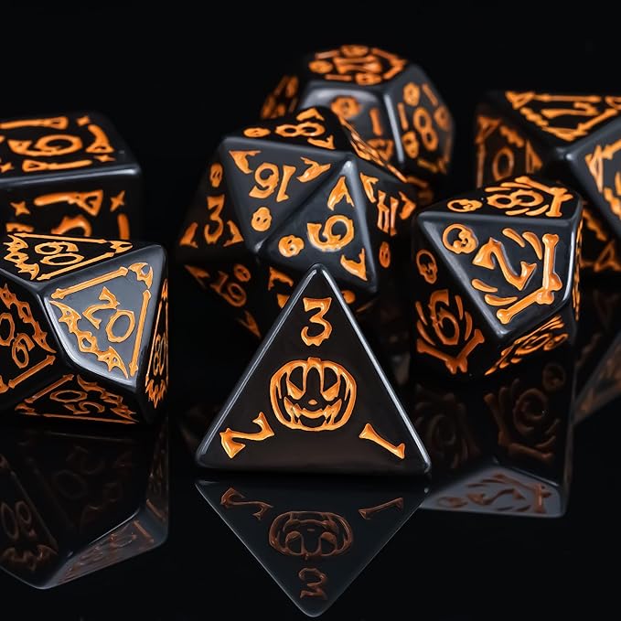 7-Die DND Dice Set Halloween Pattern Polyhedral Dice Set with Leather Bag, Skull Dice D&D Dice Set for Dungeons and Dragons RPG Table Games (Halloween Pattern-Black)