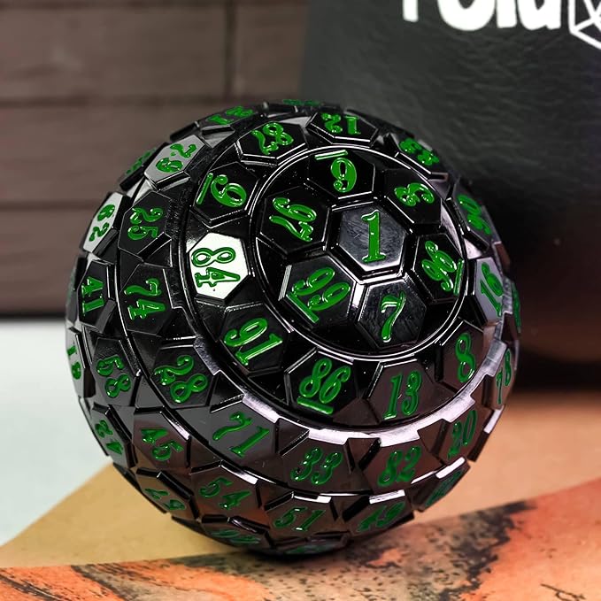 100 Sided Polyhedral Dice, Single D100 Game Dice, 100 Sided Cube with Black Pouch, D100 die 48 mm (Black with Green Number)