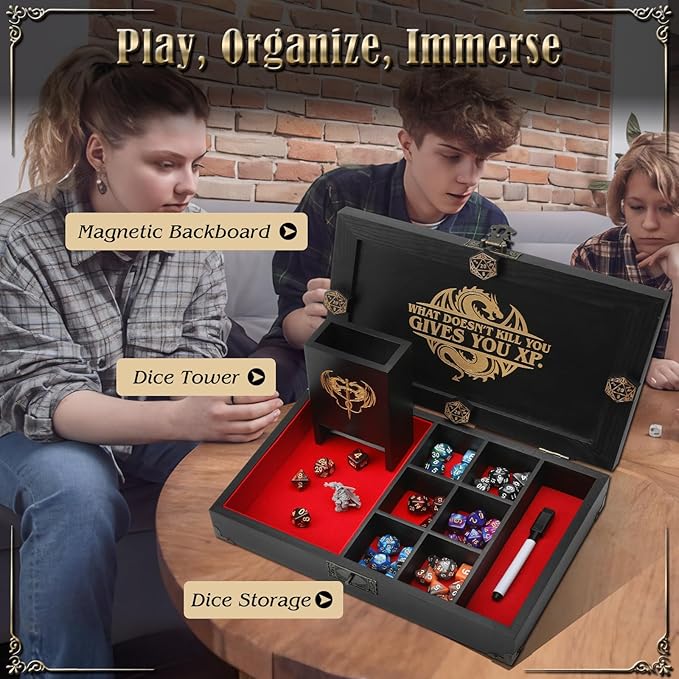 Portable Wooden Dice Tray & Tower with Magnetic Dashboard, Includes Reusable Sheet & Dry Erase Marker, Dice Holder & Box, RPG Storage - Perfect for Dungeons and Dragons, D&D, Board Games