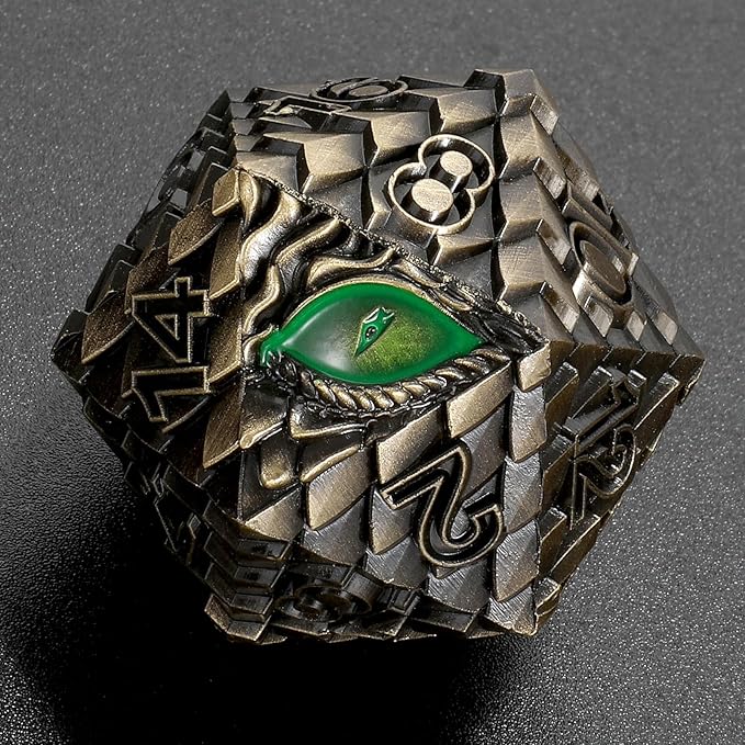 Dragon Eye Scale DND Metal Dice,33mm 20 Sided Giant D20, Large Polyhedral Dice, D&D Metal Dice Set for Dungeons and Dragons, RPG, MTG & Tabletop Games(Bronze with Green Eye)