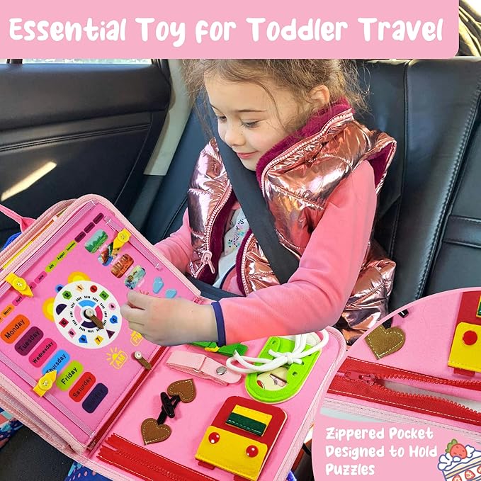 TenFans Montessori Busy Board for Toddlers 1-3 Years - Sensory Toys for Fine Motor Skills - Educational Activities & Travel Toys for Car & Airplane - Gifts for Girls
