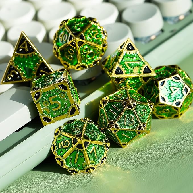 UDIXI Steampunk Metal Dice Set: 7 Die Polyhedral DND Dice Set D&D Dice for Dungeons and Dragons Role Playing Game (Gold-Green Black)