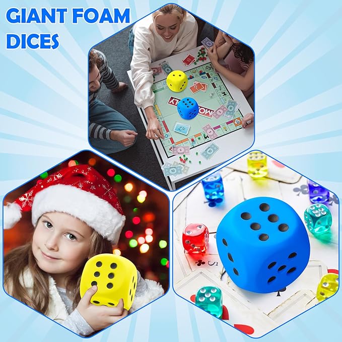 Zomiboo 2 Pcs Large Foam Dice Stress Balls Soft Jumbo 6 Sided Giant Dice Educational Learning Squeeze Anxiety Relieve Toy Gifts for Adults Kids Board Game Classroom(Blue, Yellow,3.93 Inch)