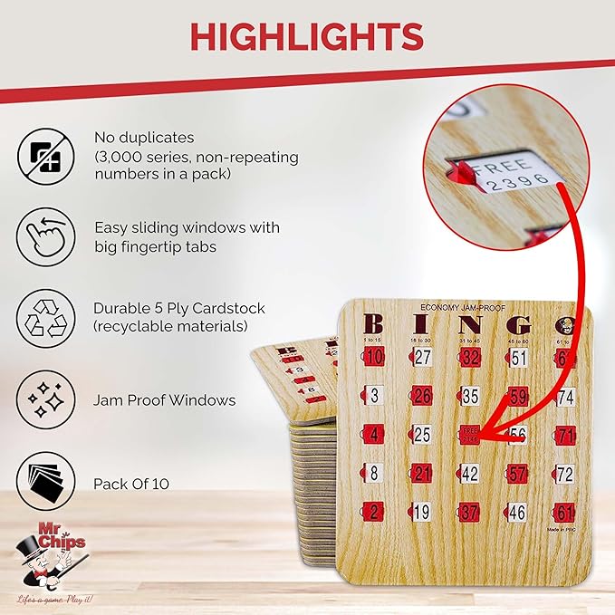 MR CHIPS Jam-Proof Fingertip Slide Bingo Cards with Sliding Windows 10 Pack in Tan Style