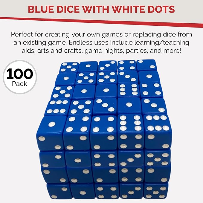 MR CHIPS D6 Standard 16 mm Opaque Dice with Pip Dots - 100 Pack - Blue