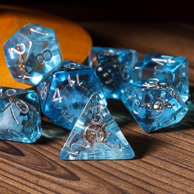 UDIXI 7PCS Polyhedral Dice Set D&D Filled with Rudder, Blue DND Dice with White Floating Silk for Dungeons and Dragons RPG and Other Tabletop Games