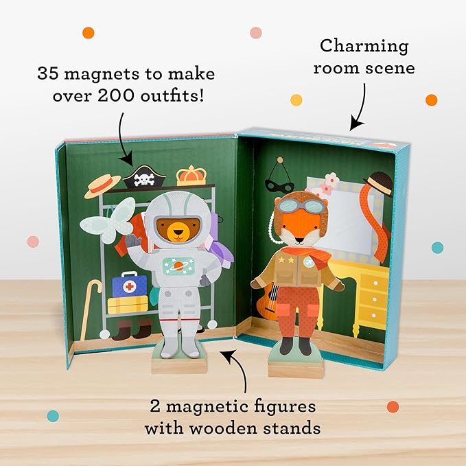 Petit Collage Magnetic Dress Up, Make-Believe Animal Costumes – Game Board with Mix and Match Pieces, Ideal for Ages 3+ – Includes 2 Dolls and 35 Creative Magnetic Pieces