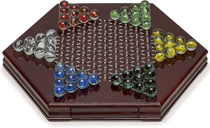 Yellow Mountain Imports Wooden Chinese Checkers Halma Board Game Set (12-Inch) with Storage Drawer and 60 Colored Glass Marbles (14mm) - Classic Strategy Game