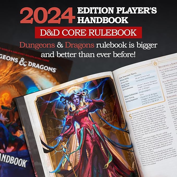 CraftyCrocodile Dungeons and Dragons 2024 Player's Handbook Bundled with DND 6 Dice Sets, Flannel Bags, Complete Printable Kit - Core Rulebook with D&D Starter Set Accessory - Tabletop Board Game