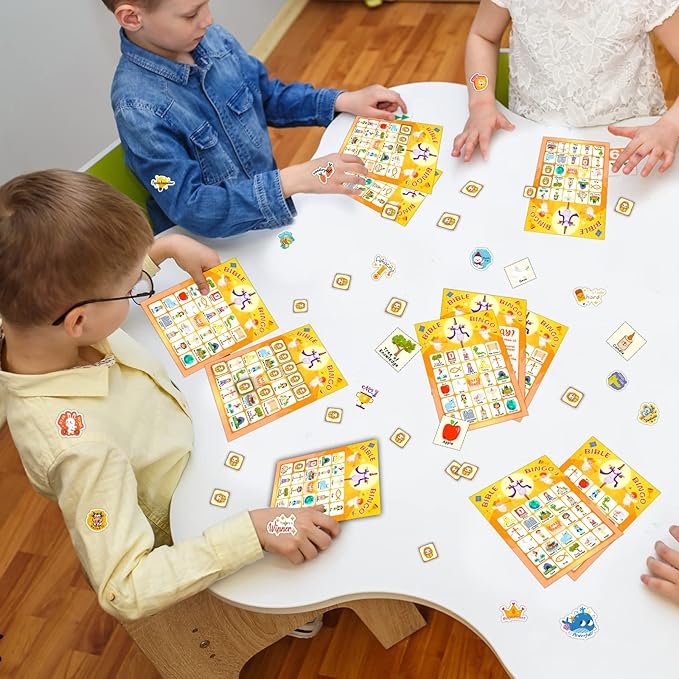 24 Players Bible Bingo Cards, Christian Bingo Game for Kids with Punny Stickers Jesus Religious Christian Game for Church Sunday Family Activities
