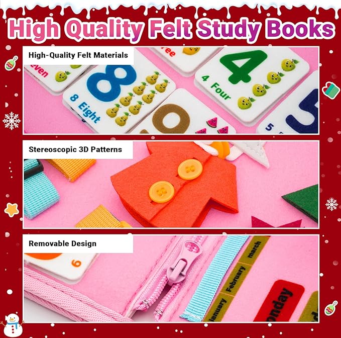 Montessori Busy Board, Baby Busy Book Educational Learning Toys for Toddlers Quiet Book Activity Books Buckle Toy Fine Motor Skills Toys for 1 2 3 4 5 Year Old Kids (Pink)