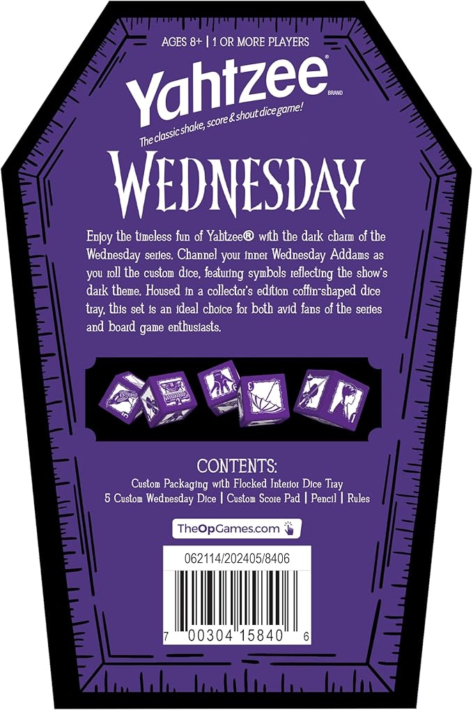 Yahtzee: Wednesday Dice Game, Collectible Flocked Interior Coffin Dice Cup, Classic Game Based on Addams Family Character Wednesday Addams, Officially Licensed Wednesday Game & Merchandise