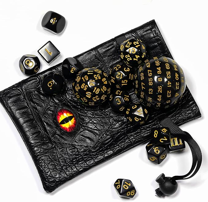 15 Pieces Complete Polyhedral DND Dice Set D3-D100 Spherical D&D Dice Set with Dragon Eye Dice Bag, D100 Dice for Dungeons and Dragons, RPG, MTG Table Games(Black w/Yellow Numbers)