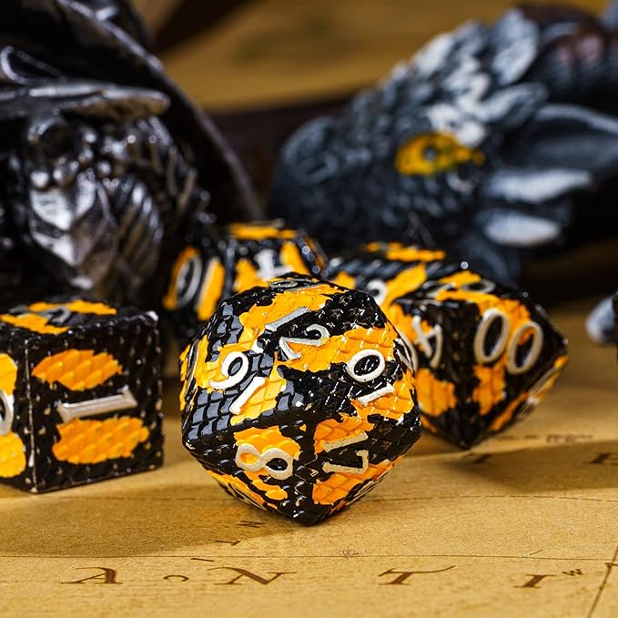 UDIXI Metal DND Dice Set Dragon Scale Polyhedral Dice D&D for Role Playing Games Dungeons and Dragons (Black Orange-Silver Number)