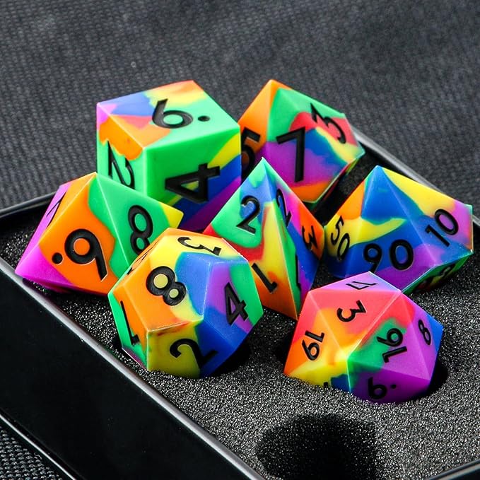 DND Dice Set Sharp Edge Dice Set 7 Piece DND polyhedral Dice Numbers with Gold Leaf Exquisite Tin Box Packaging,Ideal for Dungeons & Dragons RPG and Board Games (Rainbow)