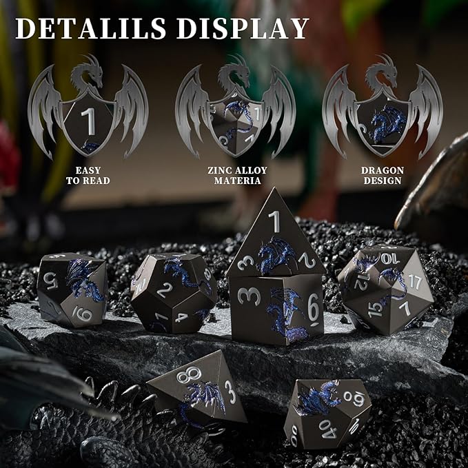 Metal Dice Set D&D,Glitter Blue Dragon Heavy Metallic DND Dice,Polyhedral Dice 7 Piece for Dungeons and Dragon Tabletop Game(Black Glitter Blue Dragon)