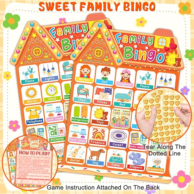 Family Bingo Game 24 Players Home Bingo Games for Family Reunion Games, Kids Bingo Cards Family Activity Party Bingo Game Supplies, Yellow