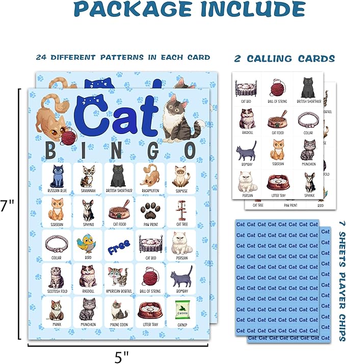 Cat Bingo Card Game, Kitten Bingo Game for Adults, Cat Party Supplies, Favors, Pawty Party Decorations, Cat Lovers Gift – 24 Players Bingo Game, C08